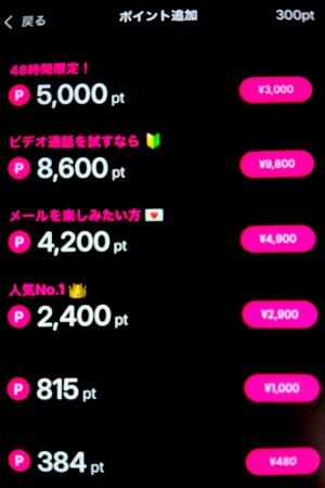 スペード(SPADE)のポイント購入画面と料金